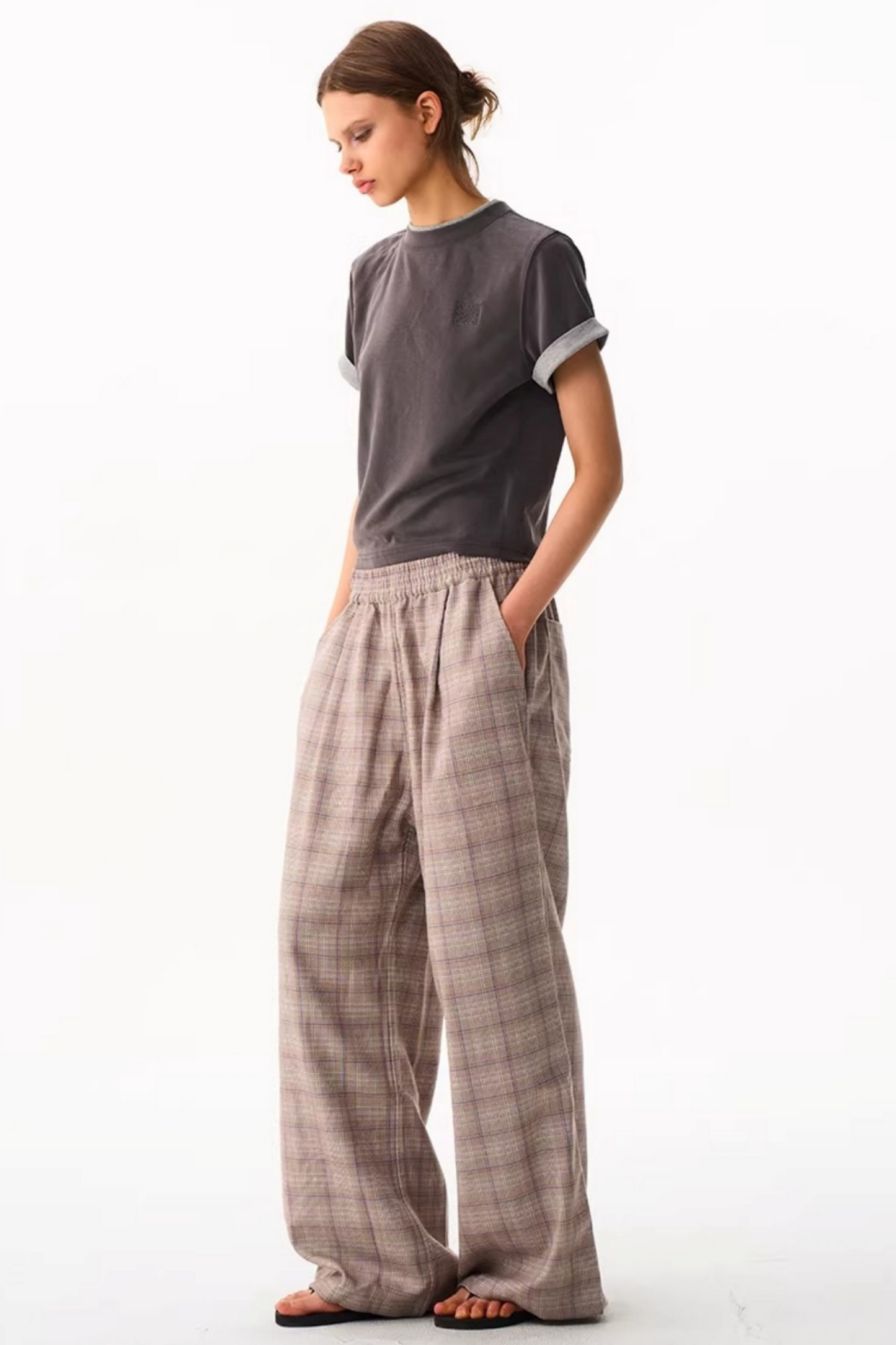 Blue Plaid Wide-Leg Pants