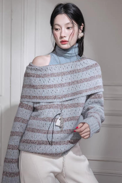 Off-Shoulder Striped Knit Vest Set