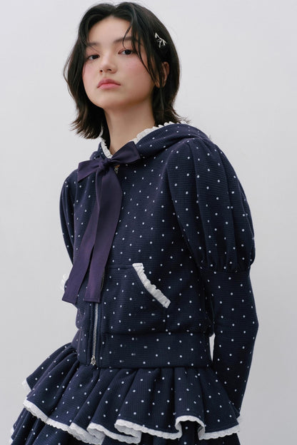 Navy Polka Dot Hooded Tracksuit Set-Up