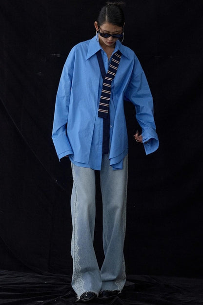 Blue Pointed Long-Sleeved Shirt