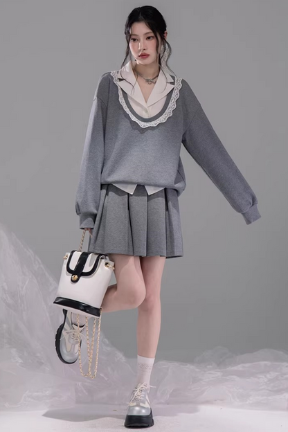 Chenwu Gray Pleated Skirt Sweatshirt Set