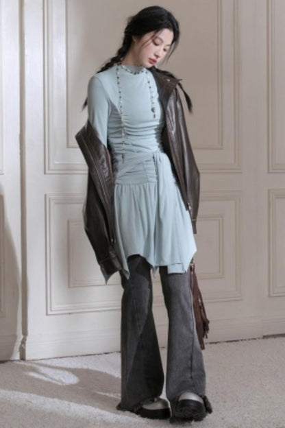 Pleated Turtleneck Dress