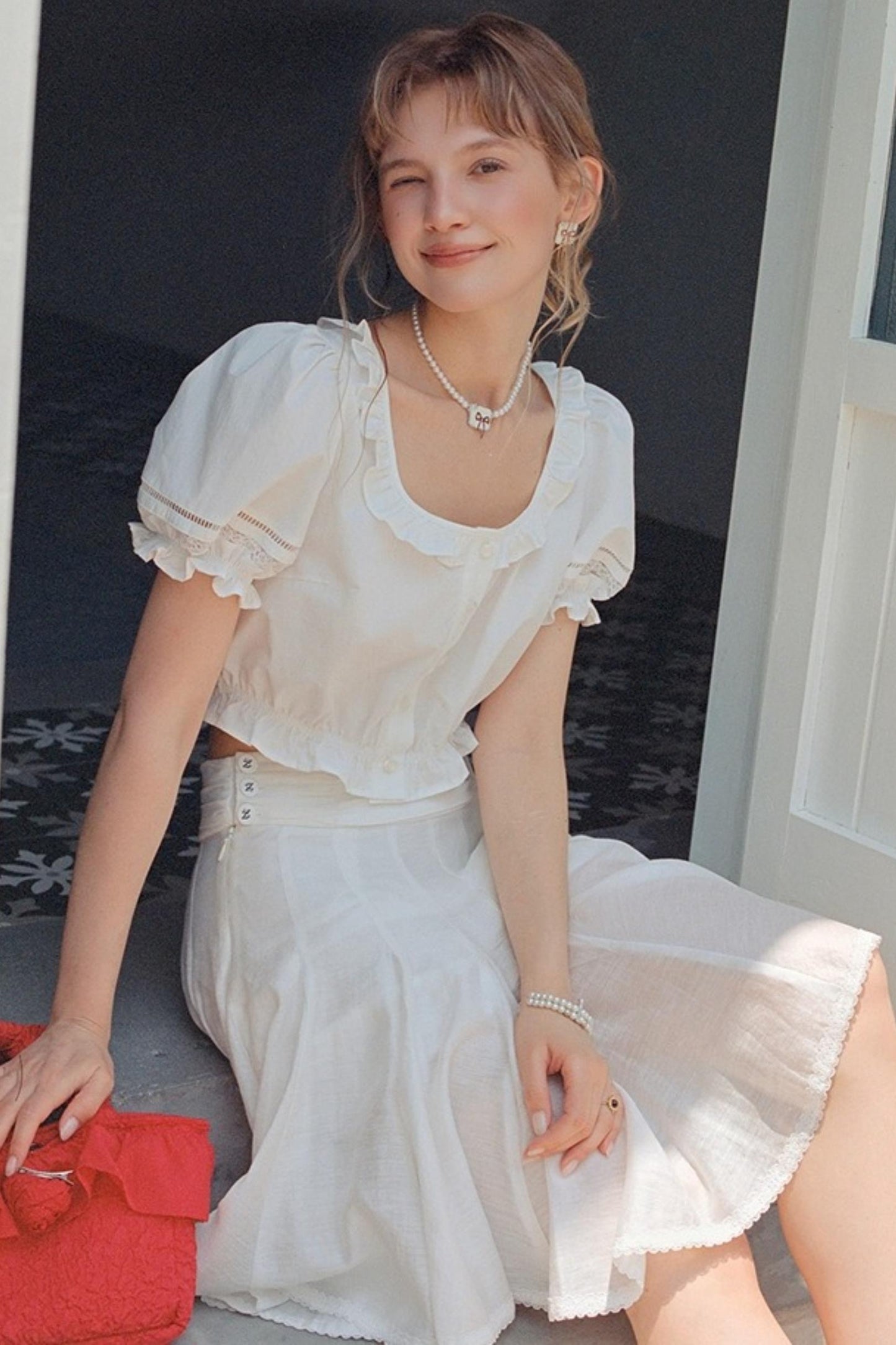 White Lace Square Collar Puff Sleeve Shirt