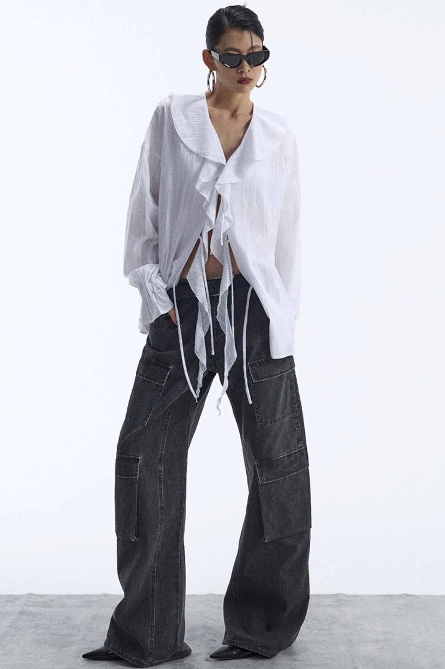 Winter White Ruffled V-Neck Shirt