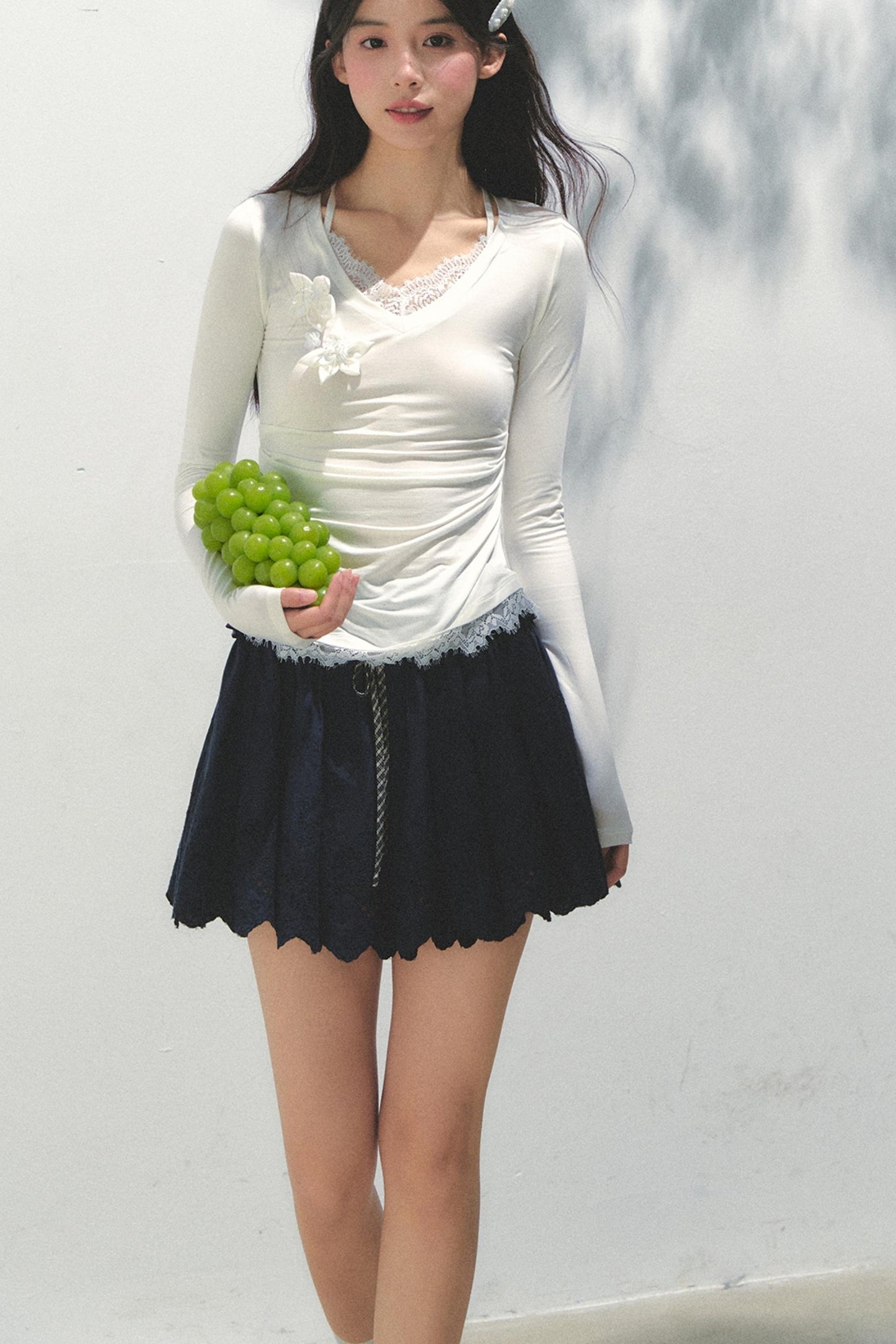 Navy Pleated Embroidered Skirt