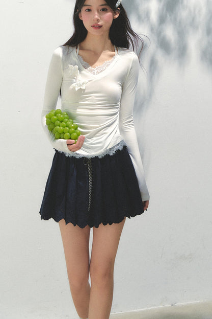 Navy Pleated Embroidered Skirt