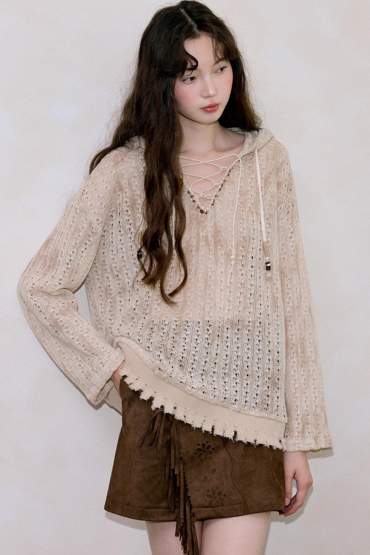 Vintage Coffee Openwork Fringed Suede A-Line Skirt