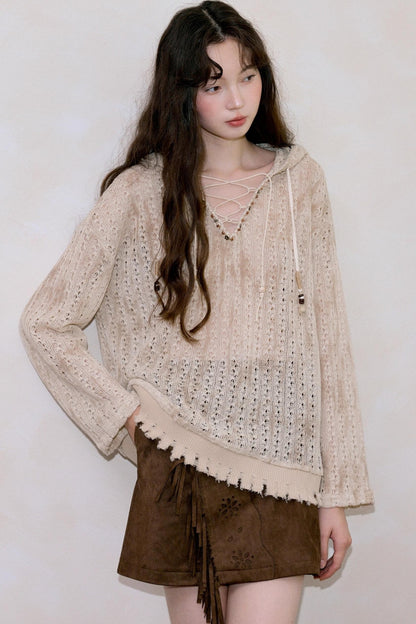 Vintage Coffee Openwork Fringed Suede A-Line Skirt