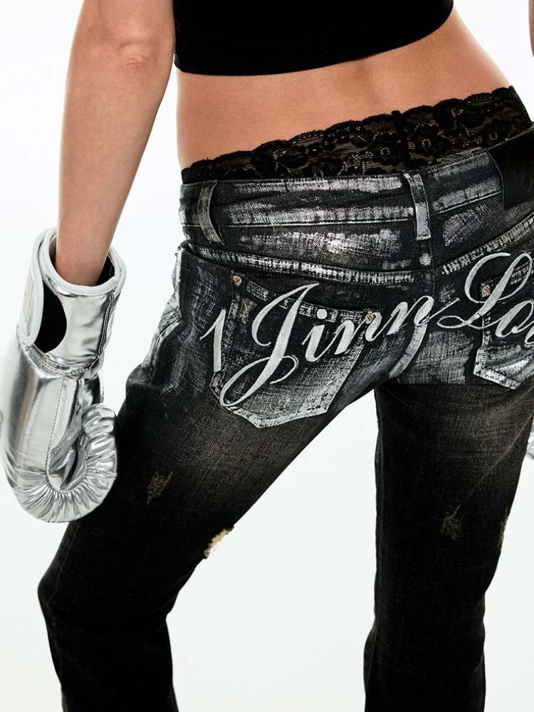 Silver Embroidery Distressed Low Waist Slim Flare Jeans