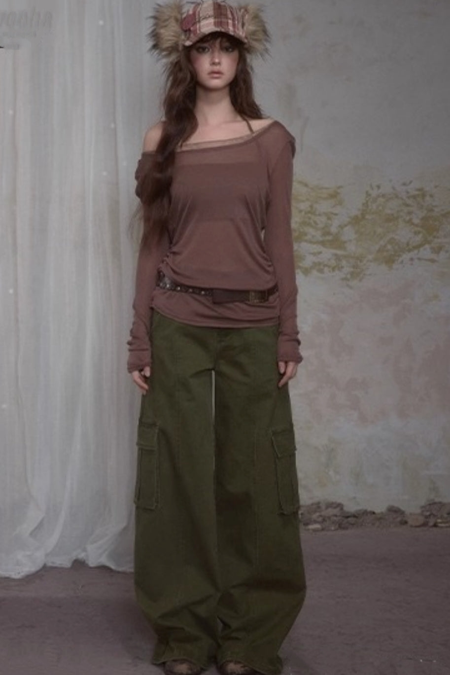 Spliced Long Sleeve Swing Collar T-Shirt