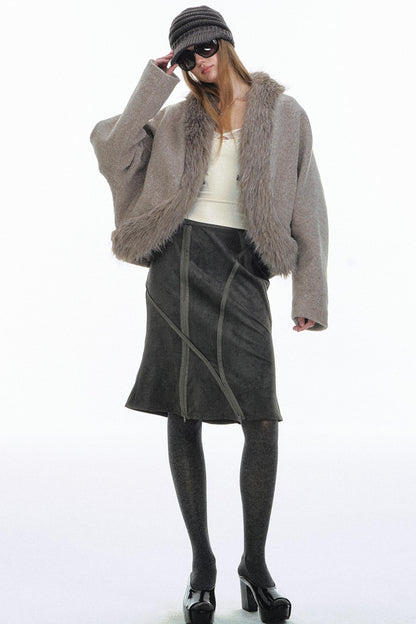 Curved Fur Collar Woolen Coat