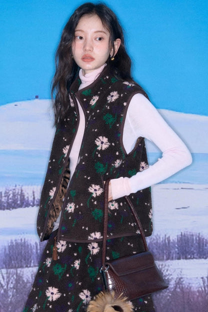 Floral Faux Lamb Wool Vest Jacket Set-Up