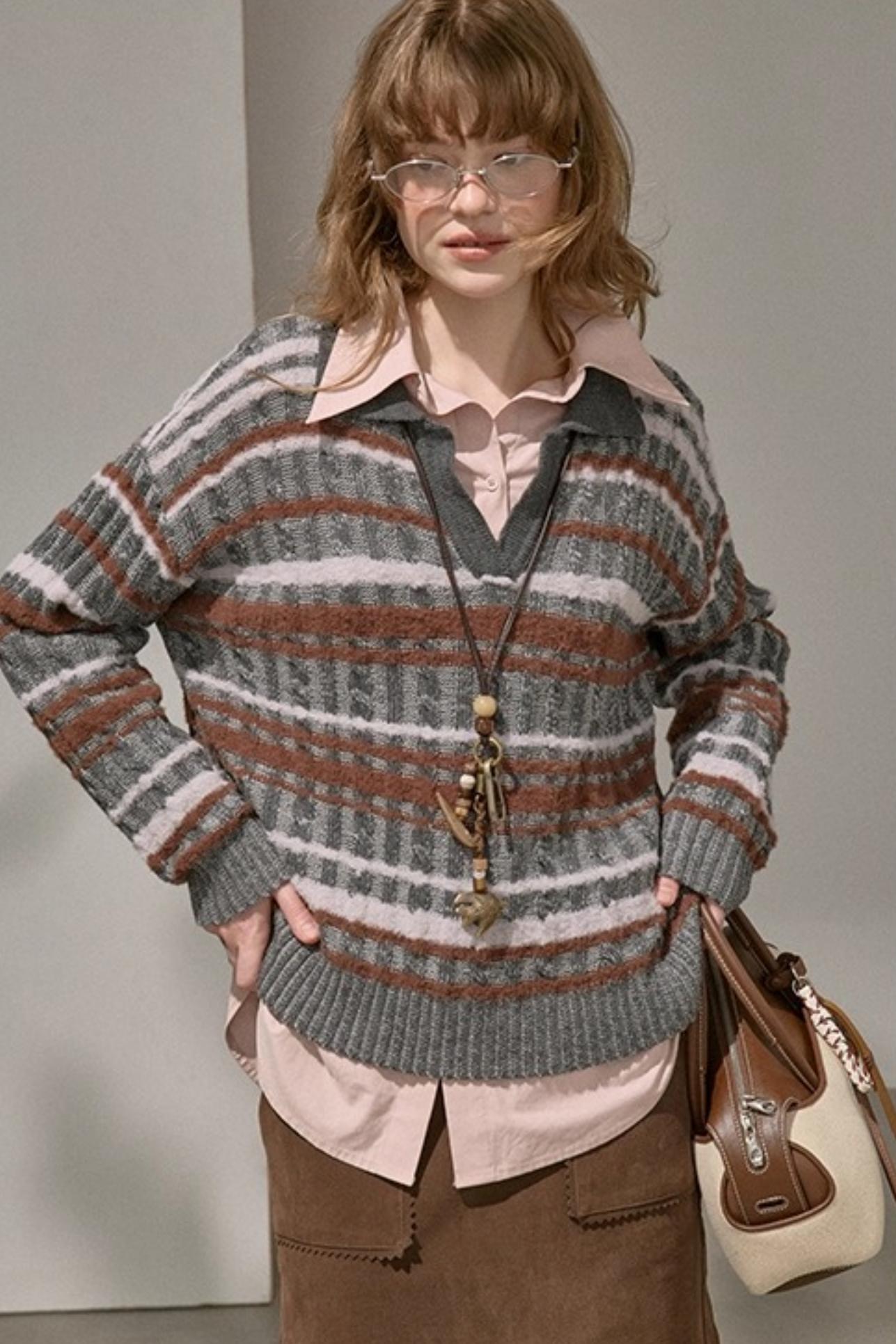 Cable Striped Pullover Sweater