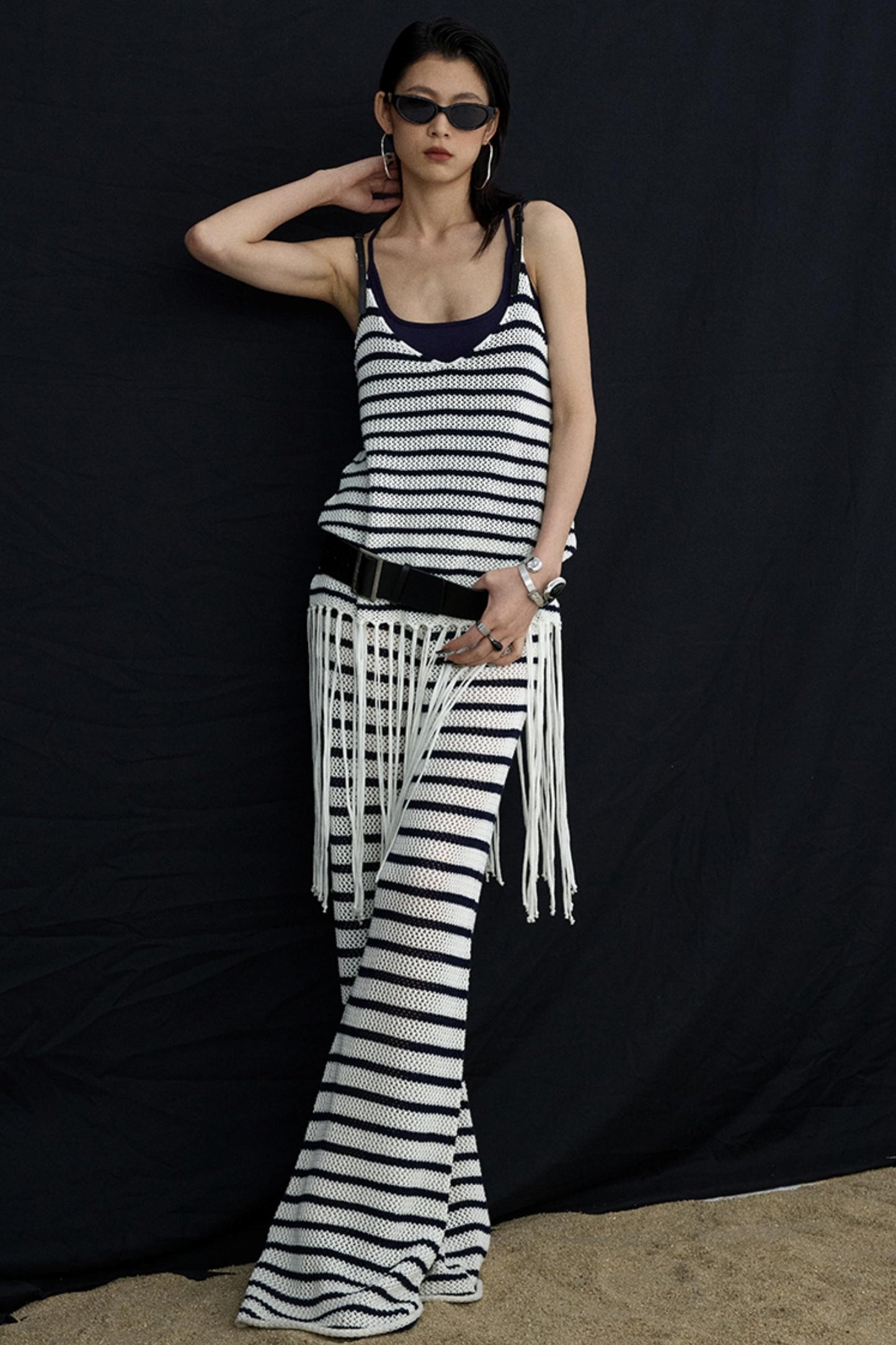 Summer Jacquard V-Neck Leather Hem Vest