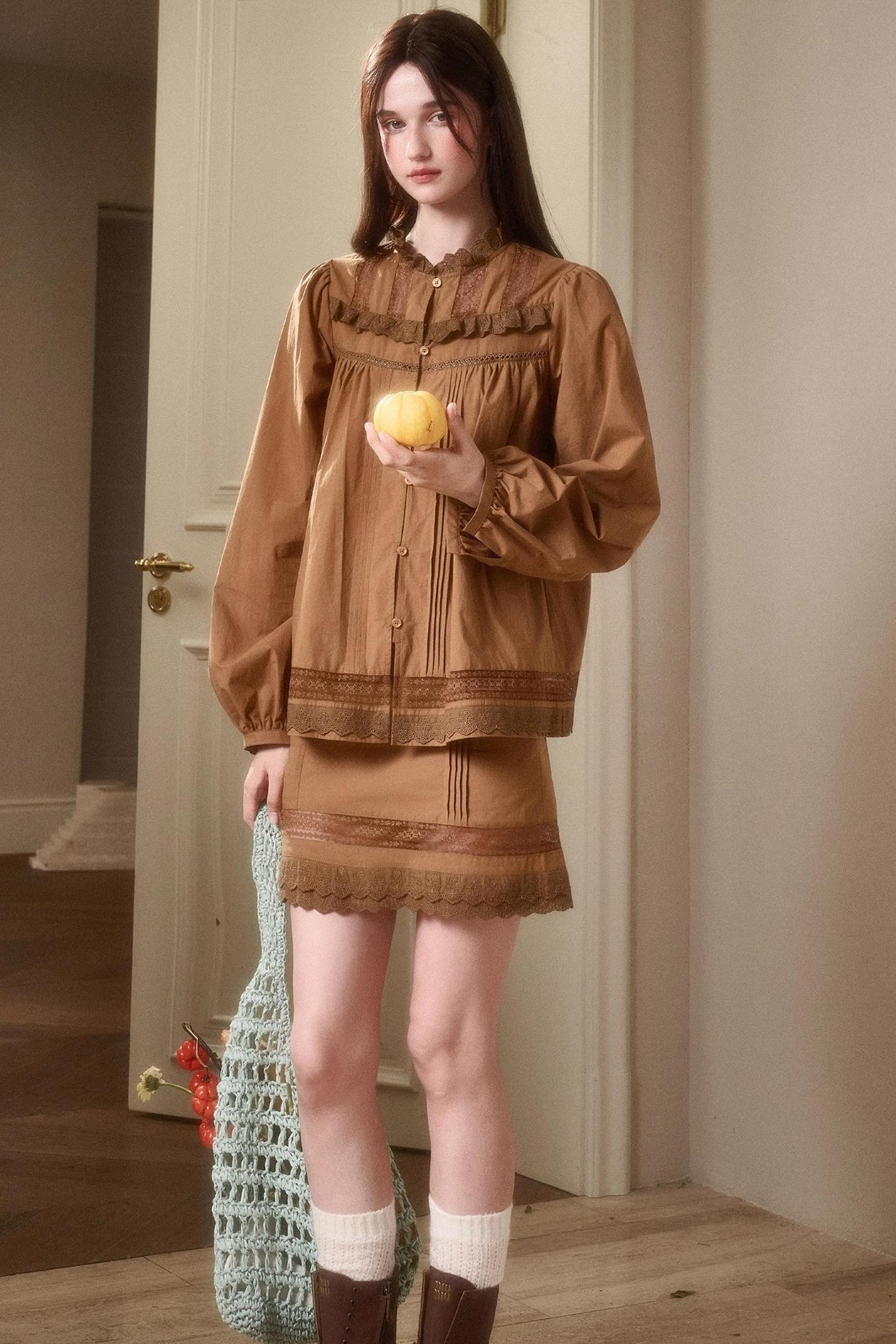 Cotton Lace Shirt With Skirt Set-Up