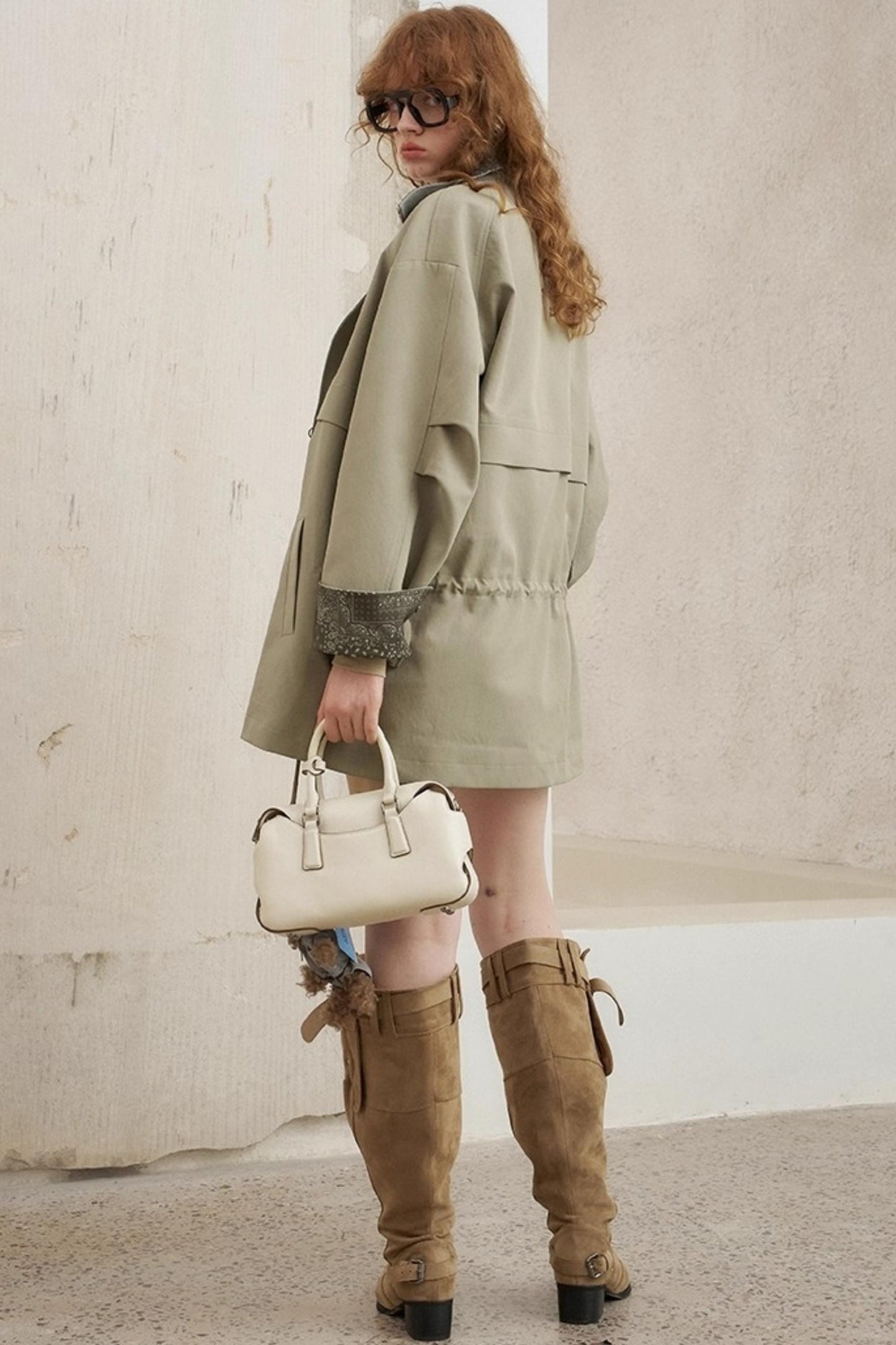 Contrast Windproof Drawstring Midi Trench Coat