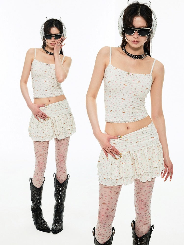 Animal Flower Print Chest Pleated Lace Camisole