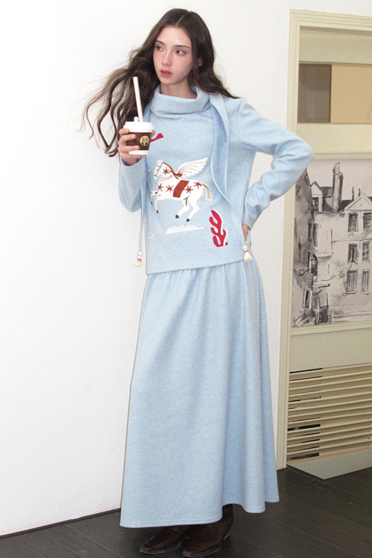 Three-Dimensional Pony Knit Top & Skirt Set