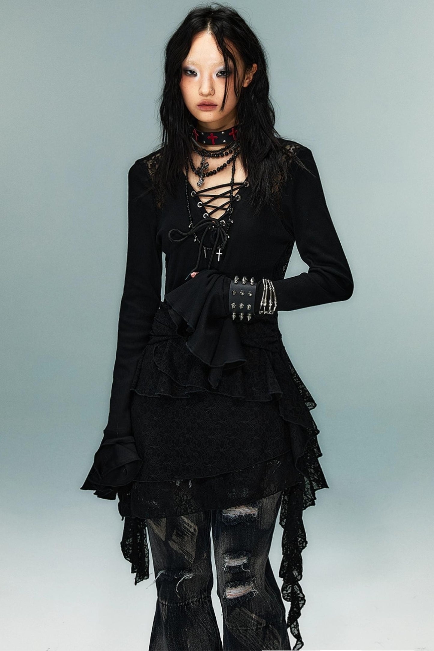 Dark Punk Goth Skinny Ruffle Dress