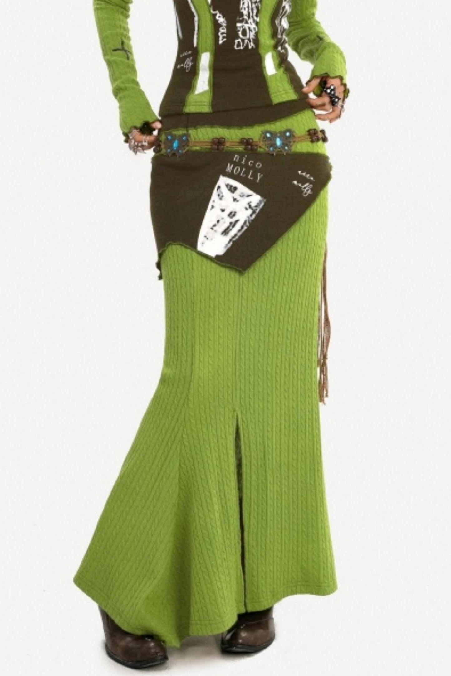 Green Off-Shoulder Top Skirt Set-Up