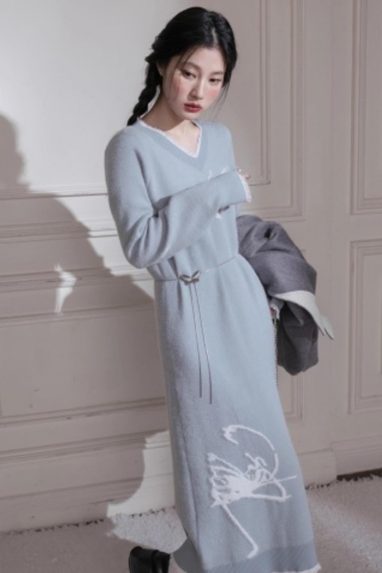 White Butterfly Blue Woolen Dress