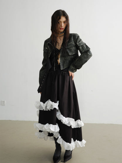 Punk Style Rivets Decorated Contrasting Lace Irregular Dress