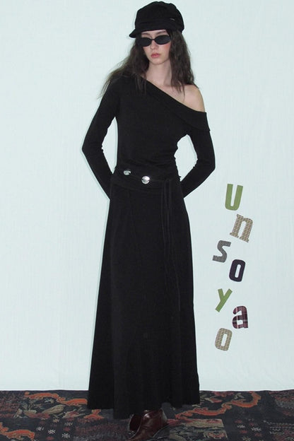 Slanted Shoulder Knit Top Skirt Set-Up