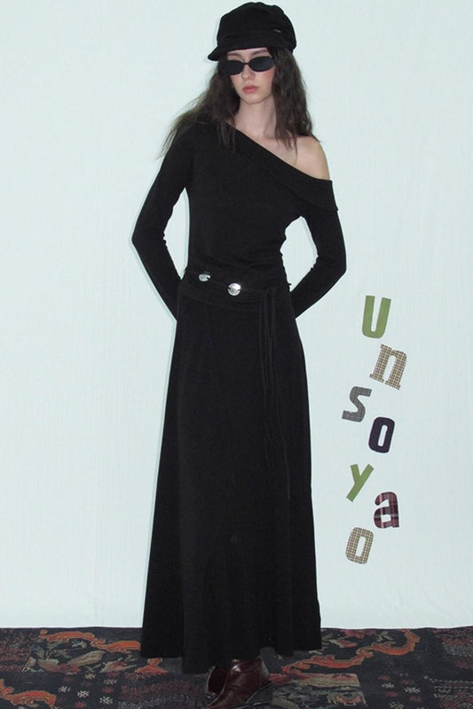 Slanted Shoulder Knit Top Skirt Set-Up