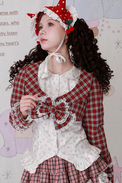 Christmas Red Checkered Bow Short Jacket