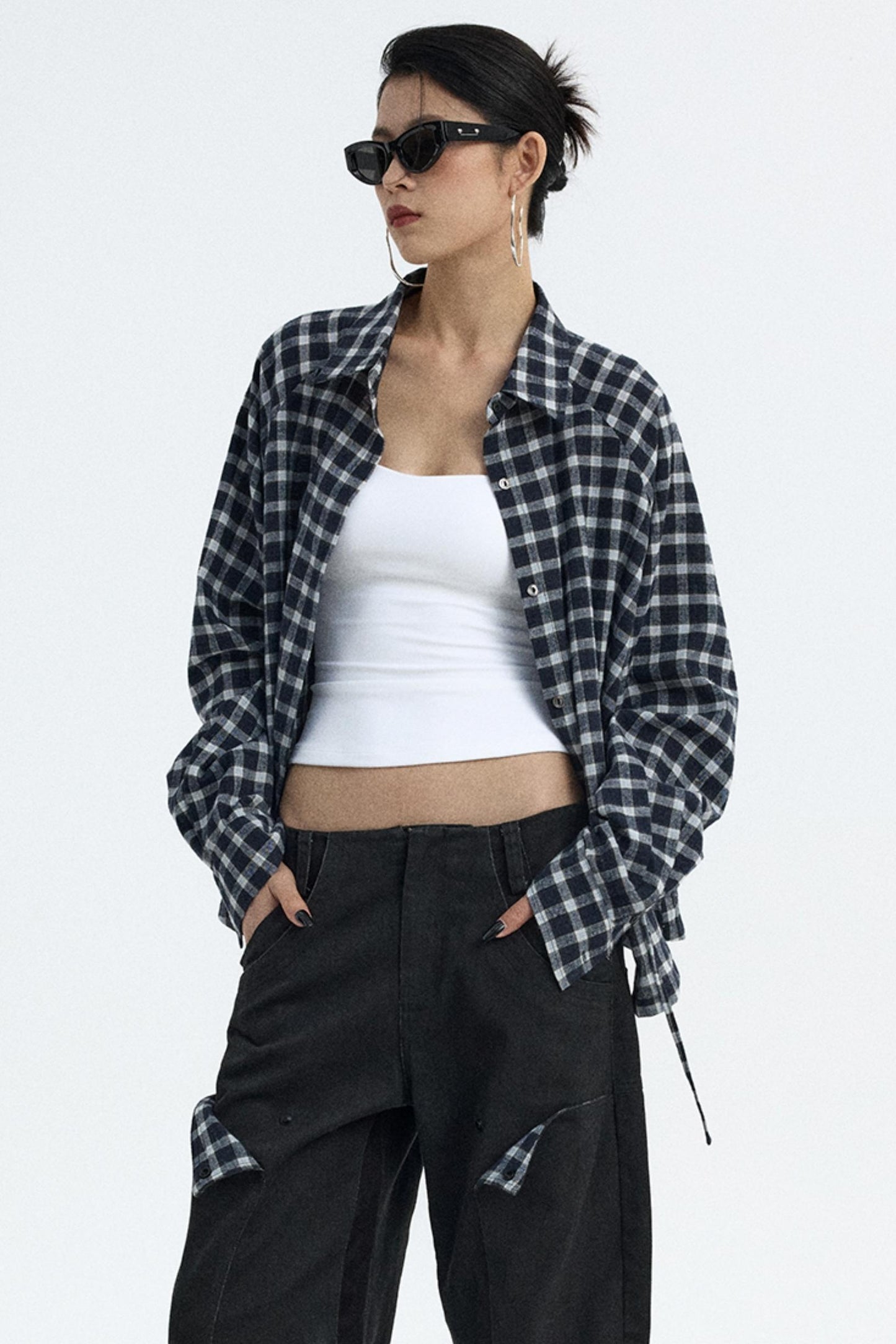 Navy Plaid Drawstring Top