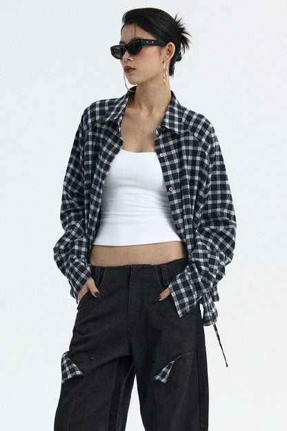 Navy Plaid Drawstring Top