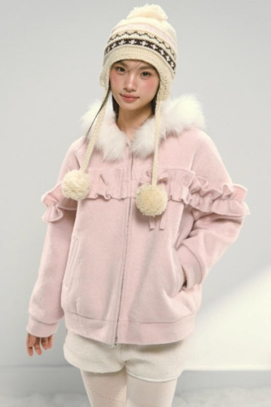 Lace Hooded Cotton Tweed Zip Jacket