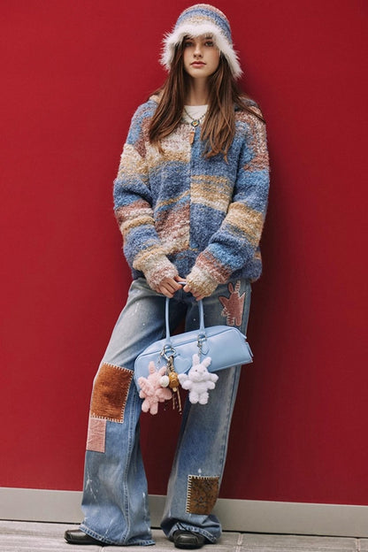 Blue Gradient Hooded Wool Cardigan