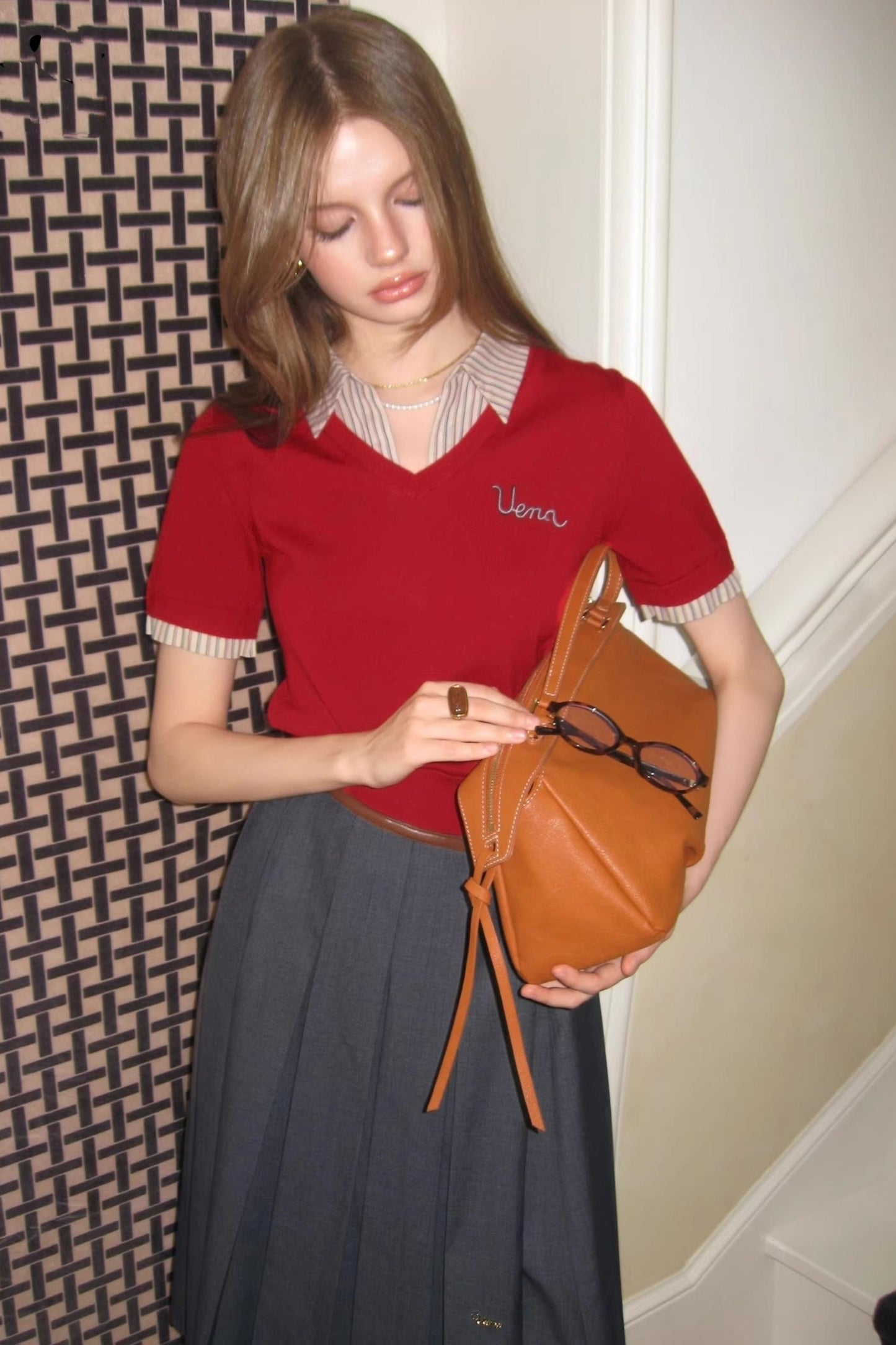 Embroidered Striped Collar Fake Two Piece T-Shirt