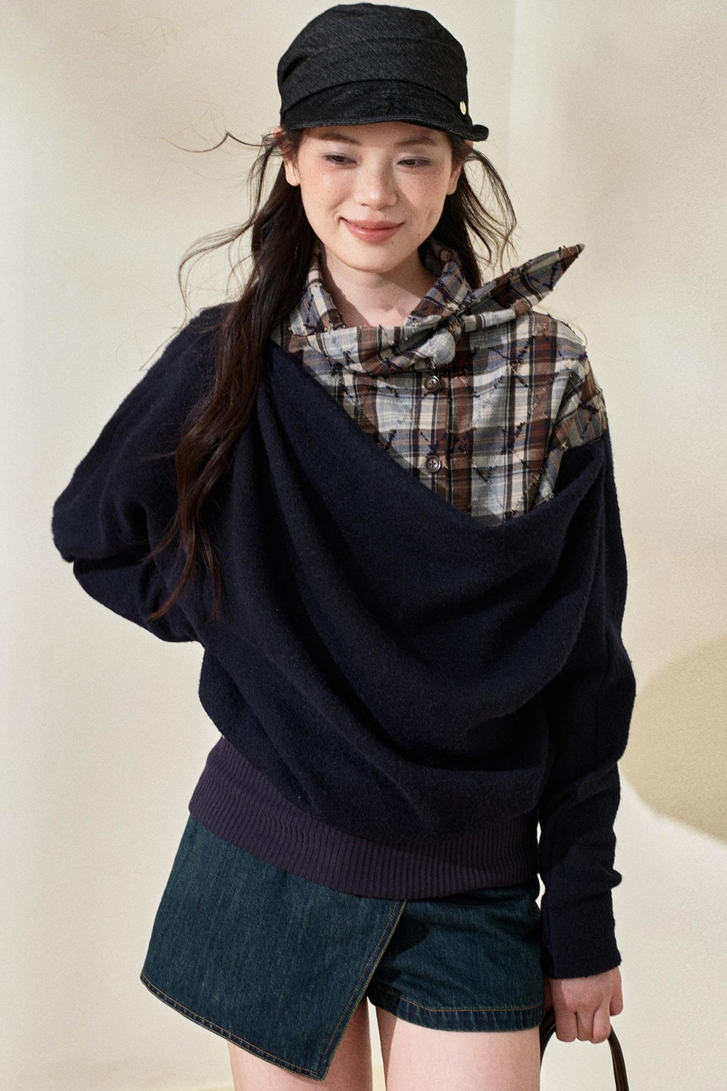 Blue Plaid Wool Fake Two-Piece Top