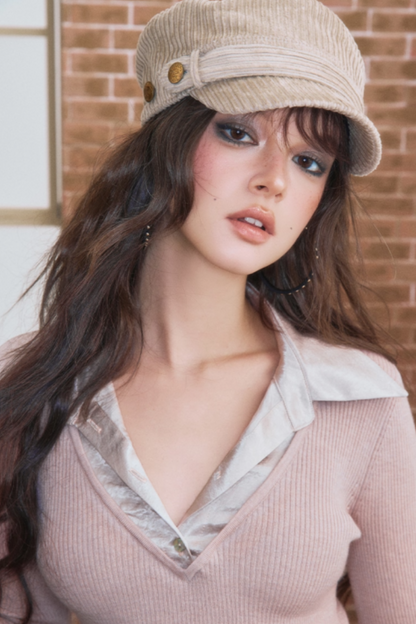 Fake Two-Patchwork Lapel Knit Top