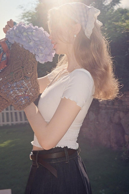 White Lace V-Neck Short Sleeve Top