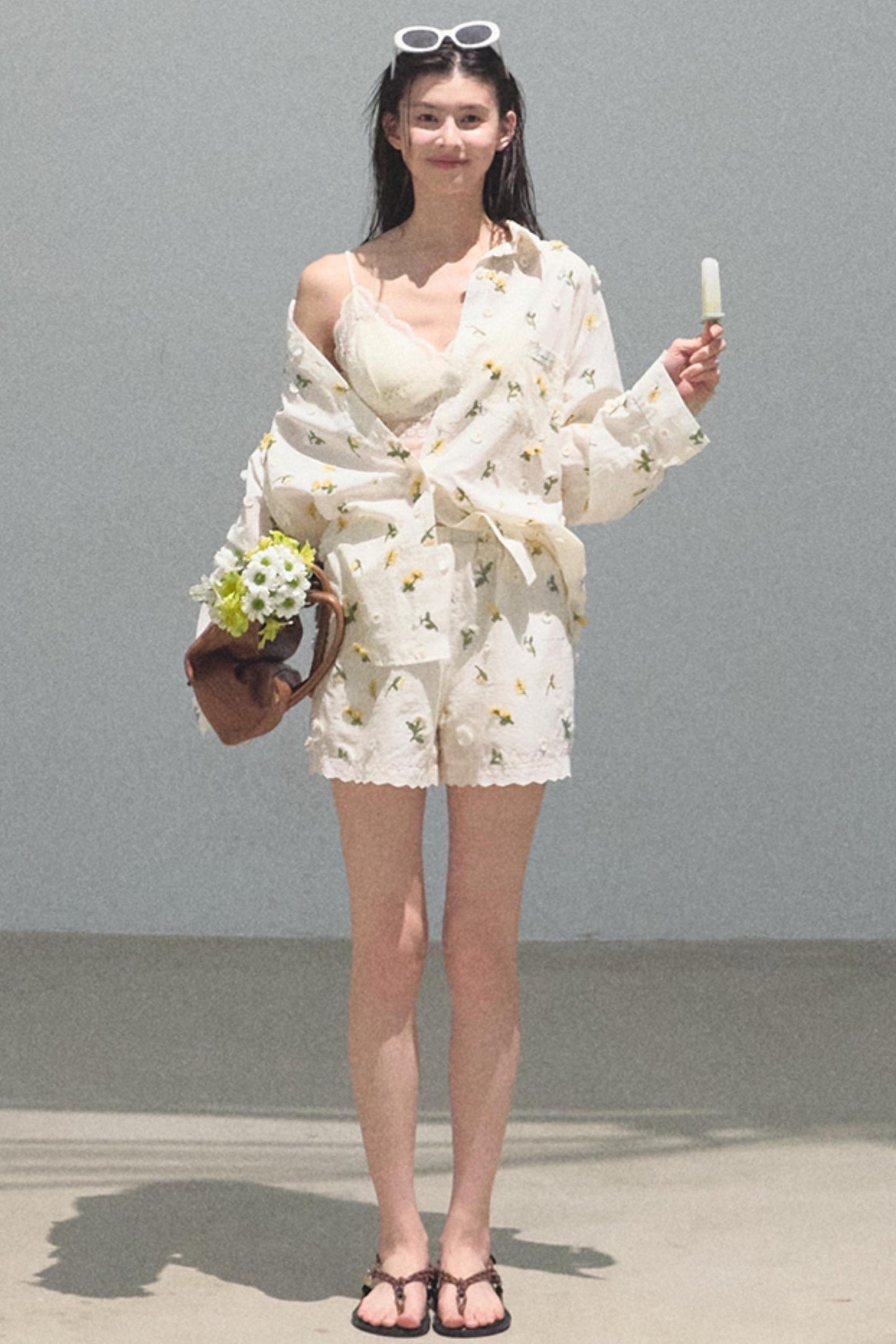 Zero Flowers Cotton Embroidered Casual Shirt Shorts Set-Up