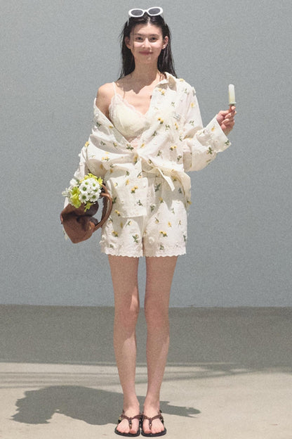 Zero Flowers Cotton Embroidered Casual Shirt Shorts Set-Up