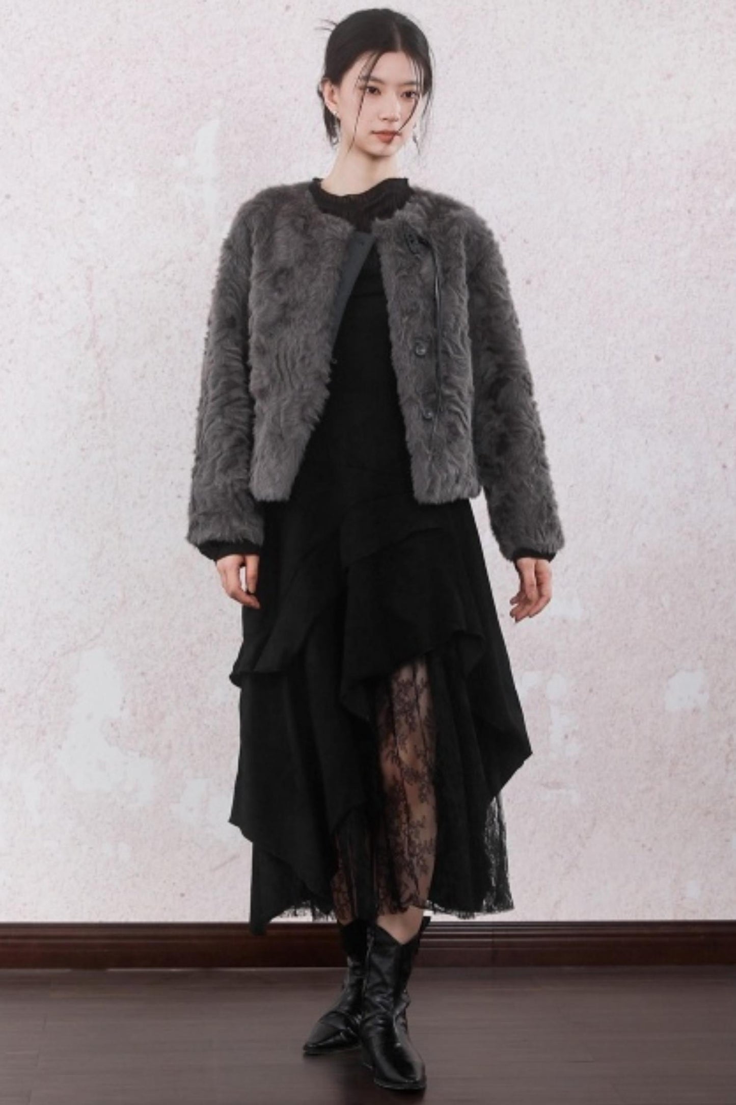 Elegant Gray-Brown Plush Jacket