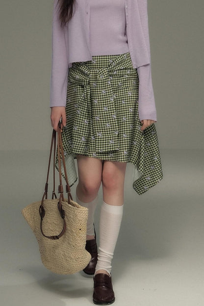 Retro Green Check Lace-Up Skirt