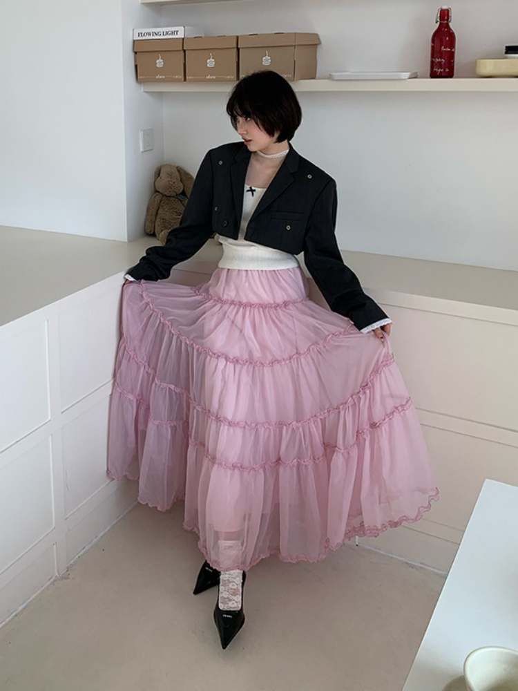 Cherry Blossoms Splice Mesh Volume Tiered Skirt