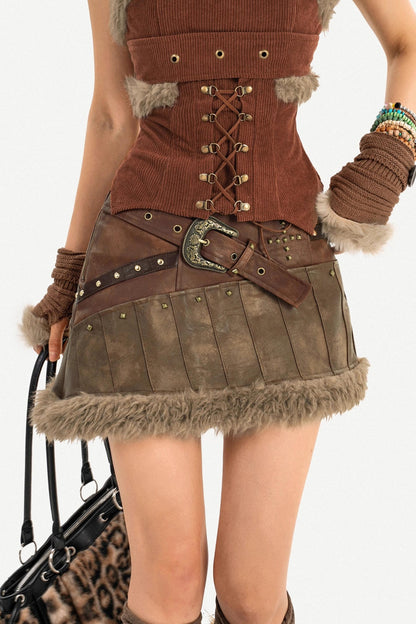 Furry Patchwork Leather Skirt Set-Up