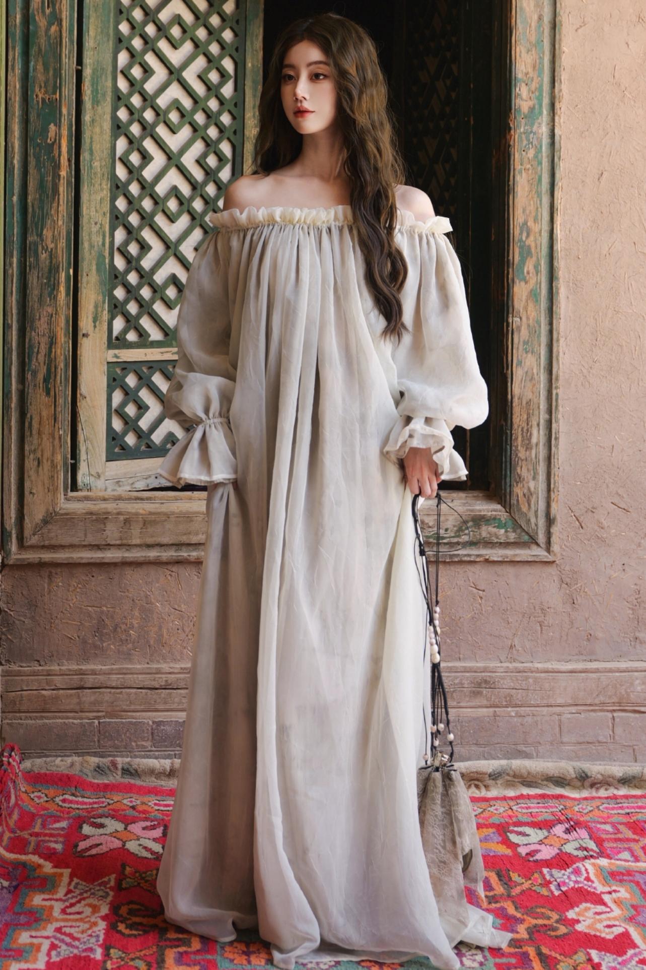 French Romantic Lace Neck Long Dress