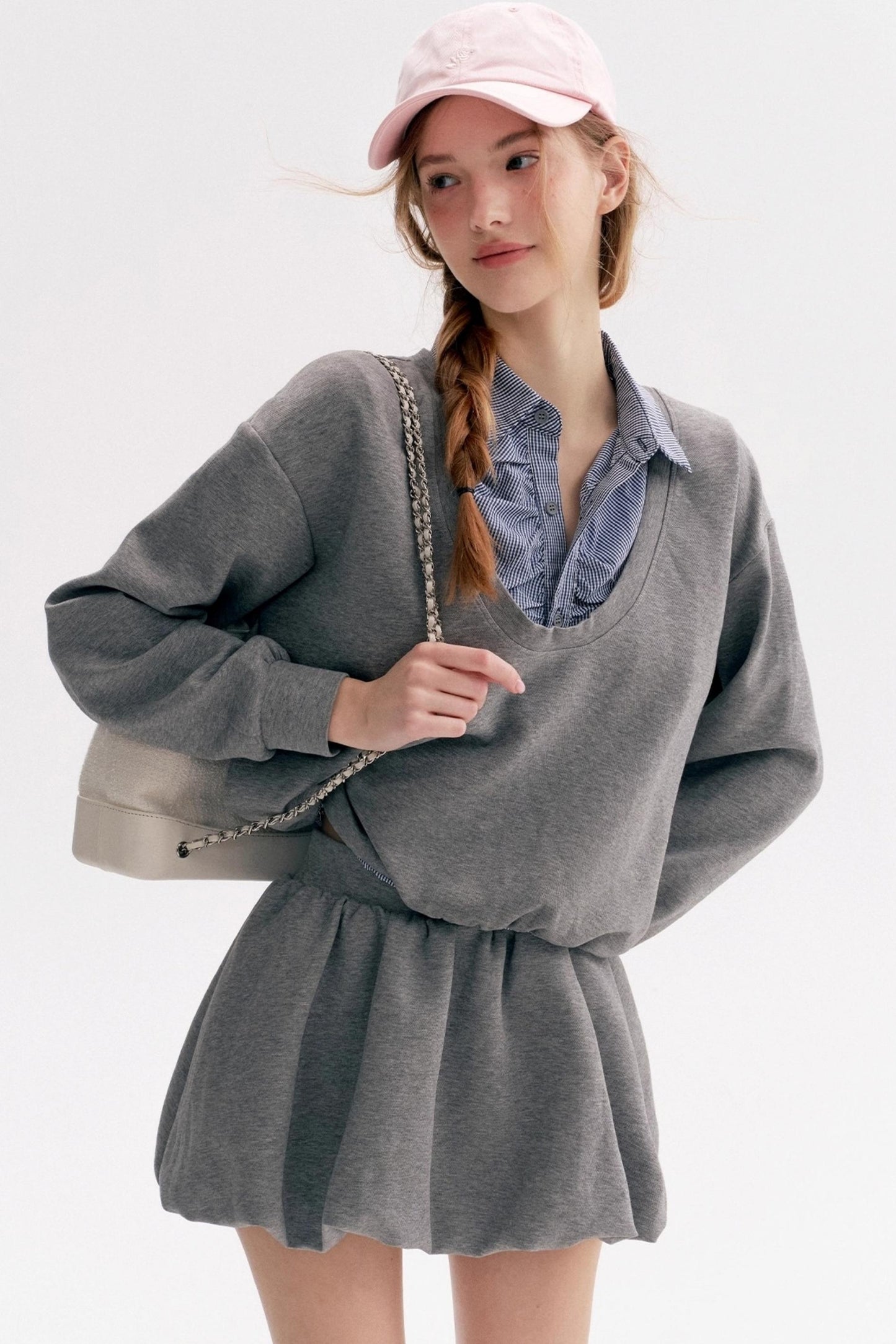 Lazy Casual Check Puffy Skirt Set-Up