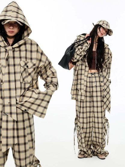 Gradient Plaid Casual Hooded Shirt