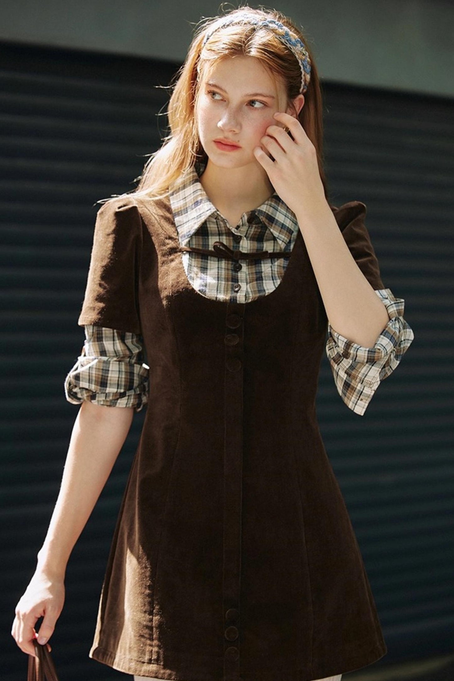 Brown Plaid Corduroy Dress
