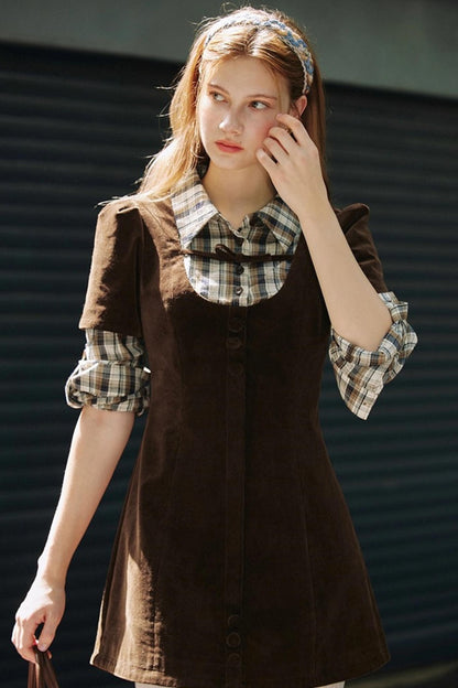 Brown Plaid Corduroy Dress