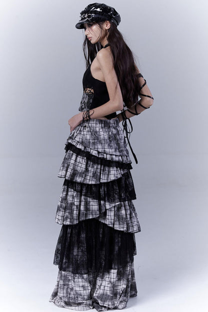 Wilderness Lace-Trimmed Plaid Bustier Skirt