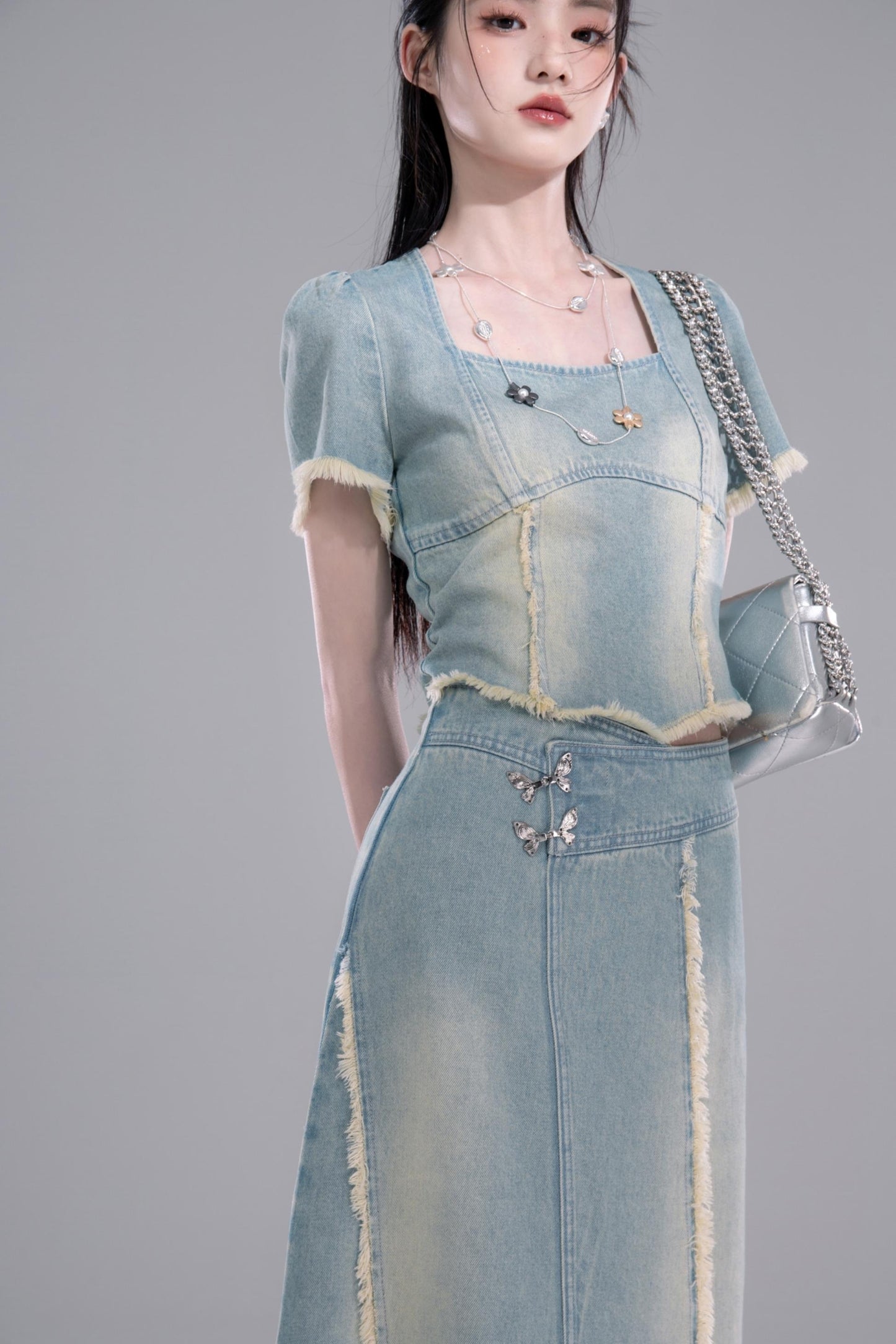 Cold Slit Blue Skirt Set-Up